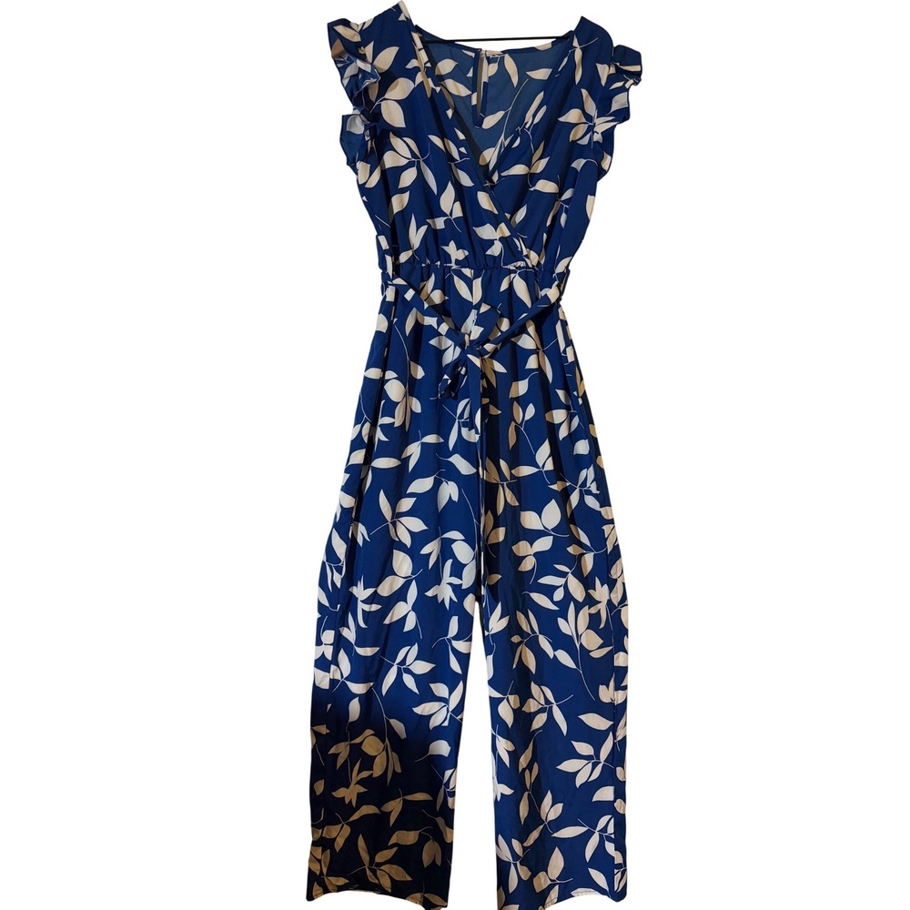 Jumpsuit Women XL Blue White Excellent Ruffle Wrap Wide Leg